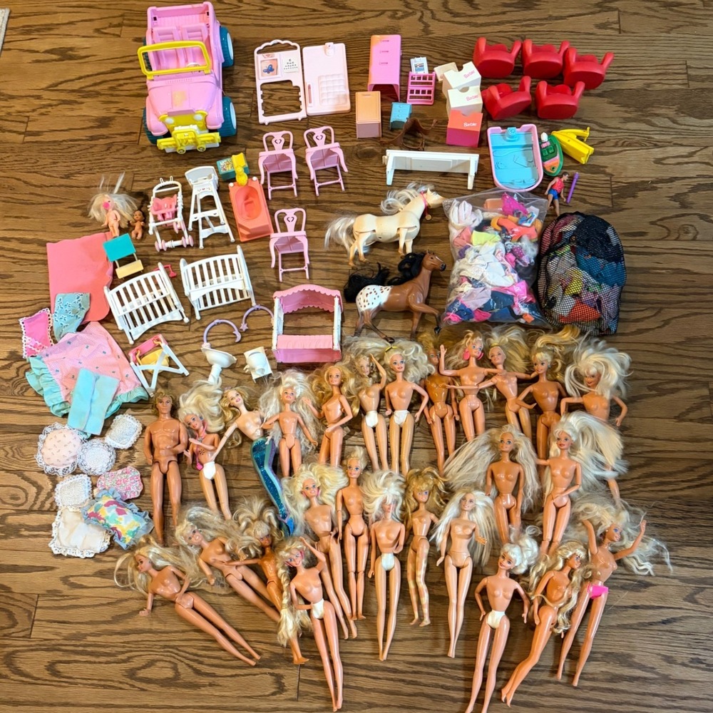 Vintage Barbie Doll Lot with Clothes Furniture Horses Jeep and Accessories
